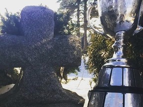 The Grey Cup at Pinecrest cemetery, where Phil Ireland, the uncle of Redblacks defensive lineman Connor Williams, is laid to rest.