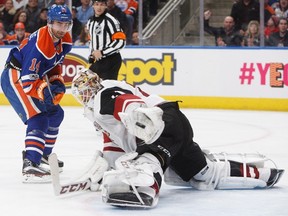 Arizona Coyotes goalie Mike Smith makes a save on Edmonton Oilers forward Jordan Eberle at Rogers Place on Monday, Jan. 16, 2017. (The Canadian Press)