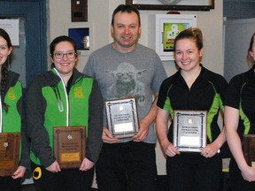 Idylwylde Golf and Country Club's U21 women's team edged the Sudbury Curling Club entry in the Northern Ontario Curling Association's provincial championship at North Bay Granite Club on Dec. 30, to earn a berth in the Canadian Junior Women's Curling Championship in Victoria, B.C. Jan. 21-29. Members include, from left: skip Krysta Burns, vice Megan Smith, coach Rodney Guy, second Sara Guy, and lead Laura Masters. Dave Dale/Postmedia Netywork