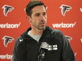 Atlanta Falcons offensive coordinator Kyle Shanahan speaks during a news conference while preparing for the NFC divisional playoff football game against the Seattle Seahawks, Wednesday, Jan. 11, 2017, in Flowery Branch, Ga. (Curtis Compton/Atlanta Journal-Constitution via AP)