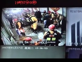 Security footage shows rescue efforts in a northern China coal mine which partially collapsed, killing nine people. (Screengrab)