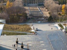 The north side of the Alberta Legislature from 14 floors up on a nearby building shows the historic building with Strathcona on the south bank of the North Saskatchewan River valley on October 21, 2016.