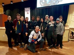 Grade 11 students at St. Charles College attended the Push For Change youth event at the Steelworker’s Hall this past week. Students met Joe Roberts who is pushing a shopping cart across Canada to raise awareness and funds for youth homelessness. Supplied photo