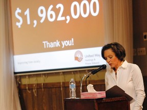 Emily Mountney-Lessard/The Intelligencer
United Way executive director Judi Gilbert announced the final amount of money raised during this year's fundraising campaign at the Greek Hall, Wednesday.