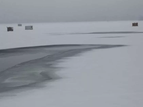 Photo shows the uneven ice conditions at Hoople Creek near Cornwall, where a truck went through the ice. (LOIS ANN BAKER / POSTMEDIA)