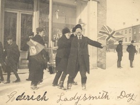 The man pictured here celebrating the Relief of Ladysmith by holding aloft the Union Jack on March 1, 1900, is believed to be James Mitchell, the editor of The Goderich Signal Star from 1881 to 1915. (Photo courtesy HCM)