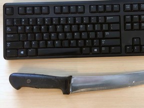 Knife seized by Kingston Police during an assault investigation in Kingston, Ont. on Tuesday January 17, 2017. Photo supplied by Kingston Police