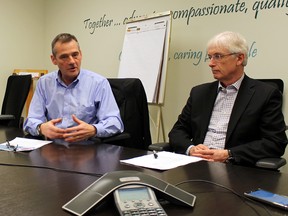 Rob Devitt, left, ministry supervisor, and Ken Deane, interim president and CEO of the Chatham-Kent Health Alliance, spoke about governance and the financial picture of the organization during a news conference on Wednesday January 18, 2017 in Chatham, Ont. (Vicki Gough/Chatham Daily News)