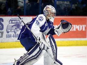 Sudbury Wolves goalie Jake McGrath in action against the Mississauga Steelheads in Sudbury, Ont. on Sunday January 15, 2017. Gino Donato/Sudbury Star/Postmedia Network