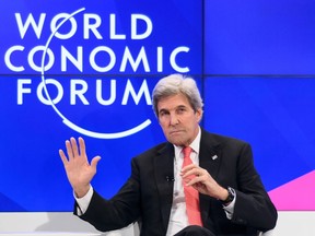 Outgoing US Secretary of State John Kerry gestures on the opening day of the World Economic Forum, on January 17, 2017, in Davos. The global elite begin a week of earnest debate and Alpine partying in the Swiss ski resort of Davos on January 17, 2017 in a week bookended by two presidential speeches of historic import.  (FABRICE COFFRINI/AFP/Getty Images)