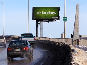 A digital billboard advertising a Vancouver medical marijuana dispensary called Erbachay sits on the Disraeli Bridge. (KEVIN KING/Winnipeg Sun)