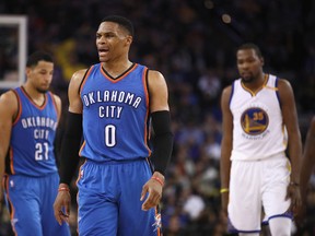 Russell Westbrook #0 of the Oklahoma City Thunder complains about a call during their game against the Golden State Warriors at ORACLE Arena on January 18, 2017 in Oakland, California. (Photo by Ezra Shaw/Getty Images)