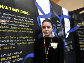 Third year King’s University College student Sydney Phillips, president of the school’s Social Justice and Peace Club, stands inside a public art exhibit on campus in London Ont. January 18, 2017. CHRIS MONTANINI\LONDONER\POSTMEDIA NETWORK