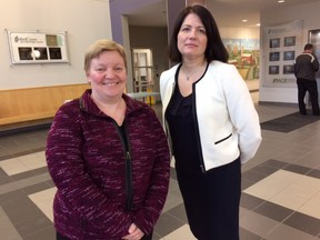 Elizabeth Carswell, left, senior director of human resources at London Hydro and Helen Noehammer, director of transportation and infrastructure planning at the City of Mississauga, were part of panel on building leadership hosted by Oxford County Thursday. (HEATHER RIVERS, Sentinel-Review)