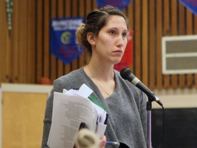 Amanda Bakker, who has a child in Senior Kindergarten at Our Lady of La Salette school, attended a public meeting Wednesday night of the Catholic school board's accommodation review committee to ask questions concerning the potential closure of the school. LAURA BROADLEY/SIMCOE REFORMER