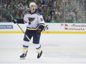 Kevin Shattenkirk #22 of the St. Louis Blues celebrates after scoring a goal against the Dallas Stars in the second period at American Airlines Center on March 12, 2016 in Dallas, Texas.