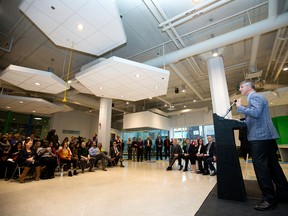 Chris Lumb, CEO TEC Edmonton, takes part in the opening of the TEC Innovation District, 10230 Jasper Ave., a new community and co-working space for Edmonton’s technology entrepreneurs, in Edmonton Thursday Jan. 19, 2017. Photo by David Bloom