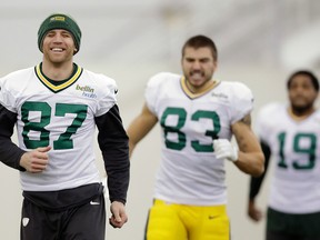 Packers wide receiver Jordy Nelson (87) smiles during practice inside the Don Hutson Center in Ashwaubenon, Wis., on Thursday, Jan. 19, 2017. (Jim Matthews/The Green Bay Press-Gazette via AP)