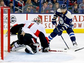 Mike Condon of the Ottawa Senators stops a shot from Nick Foligno of the Columbus Blue Jackets during the second period on January 19, 2017 at Nationwide Arena in Columbus, Ohio. (Kirk Irwin/Getty Images)