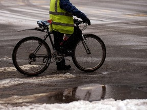 Biking on the street on a winter day.