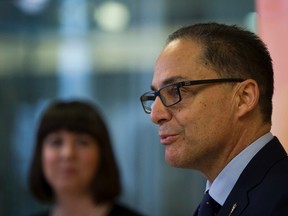 Finance Minister Joe Ceci and Edmonton Castle Downs MLA Nicole Goehring speak to members of the media about the upcoming budget consultations and options for Albertans to provide their feedback and comments. Taken on Monday, January 9, 2017  in Edmonton.  Greg  Southam / Postmedia