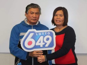 Tomas and Mercy Ricablanca, of Edmonton, won $1 million on the December 24 LOTTO 6/49 draw. SUPPLIED