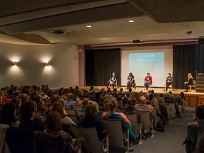 A Sarnia Speaks event Thursday in Sarnia drew more than 300 people, it's organizer says. Pictured, from left, are panelists Kyle Robertson, Jennifer Robertson, Kelly Greaves and Becky Bellavance, along with moderator Jennifer Mullins. (Handout, courtesy Bryce Ottewell)