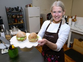 Heather Pinsky, of Naturally Vegan, shows egg salad and chick pea sandwiches at her kitchen in the Food Incubator. Naturally Vegan will be showcased at the upcoming Lifestyles Home Show at the Western Fair.  (MORRIS LAMONT, The London Free Press)