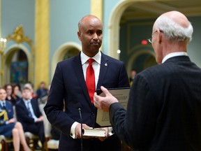 Ahmed Hussen is sworn in as Minister of Immigration, Refugees and Citizenship during a cabinet shuffle at Rideau Hall in Ottawa on Tuesday, Jan 10, 2017. (THE CANADIAN PRESS/Sean Kilpatrick)