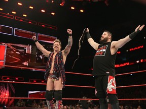 Canadians Chris Jericho, left, from Winnipeg, and Universal champion Kevin Owens, from Montreal, celebrate in the ring during an episode of World Wrestling Entertainment's Monday Night Raw. (Courtesy World Wrestling Entertainment)