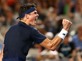 Milos Raonic celebrates match point against Gilles Simon at the 2017 Australian Open at Melbourne Park on January 21, 2017. (Jack Thomas/Getty Images)