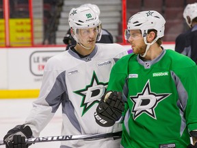 Jason Spezza (left) and Tyler Seguin have found themselves on the same line again, but with little in the way of results. (Wayne Cuddington, Postmedia Network)