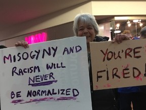 Patryce Kidd makes her feelings very clear about the election of U.S. President Donald Trump at the Women's March on Washington Winnipeg event at Portage Place on Saturday, Jan. 21, 2017. A former Winnipegger, Kidd was visiting her 96-year-old mother from Vancouver when she decided to take in Saturday's march.
(GLEN DAWKINS/Winnipeg Sun/Postmedia Network)
