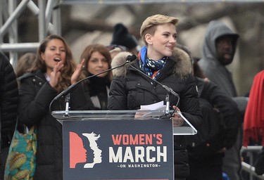 Actress Scarlett Johansson speaks during a protest on the National Mall in Washington, D.C., for the Women's March on January 21, 2017.
Hundreds of thousands of protesters spearheaded by women's rights groups demonstrated across the US to send a defiant message to U.S. President Donald Trump. ANDREW CABALLERO-REYNOLDS/AFP/Getty Images