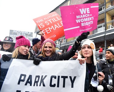 Chelsea Handler and Mary McCormack march during the Women's March on Main Street Park City on January 21, 2017 in Park City, Utah.  (Photo by Michael Loccisano/Getty Images)