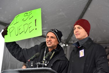 Peter Bratt and Benjamin Bratt speak during the Women's March on Main Street Park City on January 21, 2017 in Park City, Utah.  (Photo by Michael Loccisano/Getty Images)