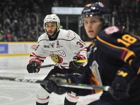 Owen Sound Attack centre Cordell James (back) was named first star in the Attack's 6-2 win over his former team the Barrie Colts on Saturday in Ontario Hockey League action.