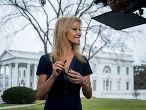 President Donald Trump’s adviser, Kellyanne Conway, gets ready for a television interview outside the White House, Sunday, Jan. 22, 2017, in Washington. (AP Photo/Manuel Balce Ceneta)