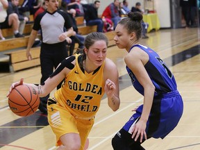 Emily Derks, left, of Cambrian College, attempts to drive past  Mercedes Ryan, of Sault College, during women's basketball action at Cambrian College in Sudbury, Ont. on Saturday January 21, 2017. John Lappa/Sudbury Star/Postmedia Network