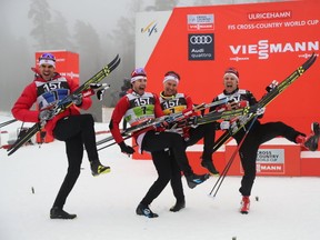 Members of the team of Canada (L-R) Len Valjas, Alex Harvey, Knute Johnsgaard and Devon Kershaw celebrate after placing third in the men's 4x7,5 km relay event at the FIS Cross Country skiing World Cup in Ulricehamn, Sweden, January 22, 2017. / AFP PHOTO / TT News Agency / Adam IHSE / Sweden OUTADAM IHSE/AFP/Getty Images
