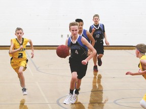 Vulcan Hawks junior high basketball point guard Luke Jackson swiftly dribbles the ball towards the Black Diamond Oilfield Drillers net during a tournament game at County Central High School, Saturday, Jan. 14.