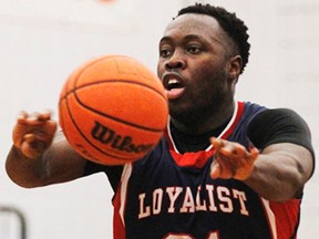 Christopher Asomani moves the ball for the Loyalist Lancers during an OCAA men's basketball contest last weekend at Loyalist College. (Loyalist Athletics photo)