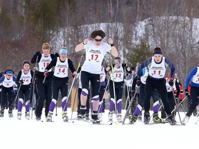 Participants take to the start of the 6 kilometre race at the Walden Cross Country Fitness Club high school nordic skiing preliminary race at the Naughton Trails  in Sudbury, Ont. on Wednesday January 18, 2017. The next Nordic skiing event goes Tuesday at the Laurentian University Ski Trails.Gino Donato/Sudbury Star/Postmedia Network