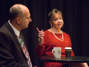 Steve Favro as Bud and Dinah Watts as Molly chat during a scene in Old Love, a Norm Foster play at Procunier Hall in the Palace Theatre. (MIKE HENSEN, The London Free Press)