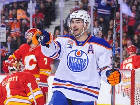 Jordan Eberle of the Edmonton Oilers celebrates after scoring against the Calgary Flames at Scotiabank Saddledome on Jan. 21, 2017. (Getty Images)