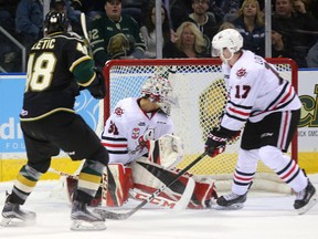 London Knights forward Sam Miletic scores a short-handed goal on Niagara IceDogs goalie Colton Incze in the first period of their Ontario Hockey League game Sunday at Budweiser Gardens. The Knights went on to win 11-2. (MIKE HENSEN, The London Free Press)