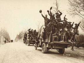 Victorious Canadians celebrating after fighting on Vimy Ridge in 1917. About 50 people from Huron County are traveling there by plane to honour the 100th anniversary.(Postmedia file photo)