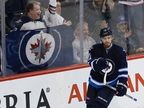 Bryan Little celebrates his goal against the St. Louis Blues during Saturday's game. (THE CANADIAN PRESS/John Woods)