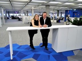 Voices.com co-owners Stephanie Ciccarelli and David Ciccarelli inside the company’s new headquarters at 100 Dundas Street in London Ont. on January 19, 2017. (CHRIS MONTANINI, Postmedia Network)