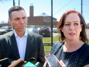 Progressive Conservative leader Patrick Brown and Nepean-Carleton MPP Lisa MacLeod speak to reporters after touring Ottawa's troubled jail. (Julie Oliver, Postmedia)